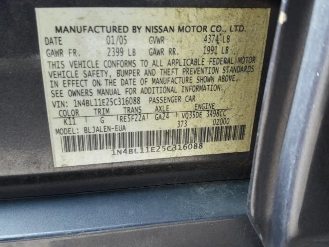 1N4BL11E25C316088 - 2005 NISSAN ALTIMA SE GRAY photo 10