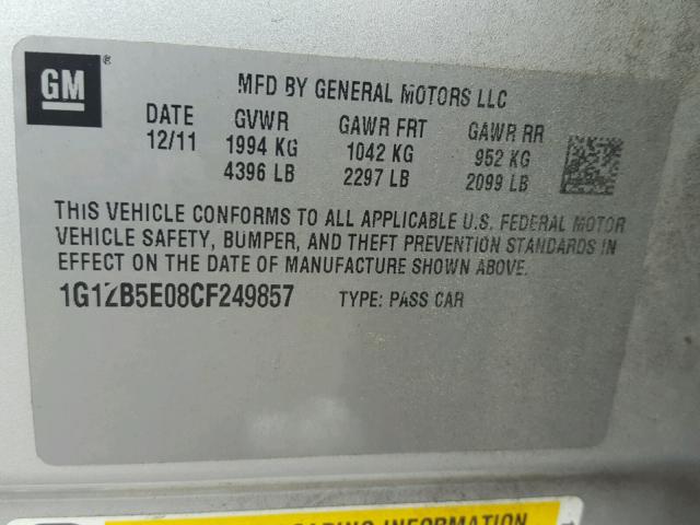 1G1ZB5E08CF249857 - 2012 CHEVROLET MALIBU LS ვერცხლისფერი ფოტო 10