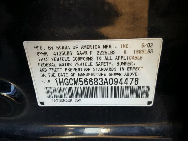 1HGCM56683A094476 - 2003 HONDA ACCORD BLACK photo 10