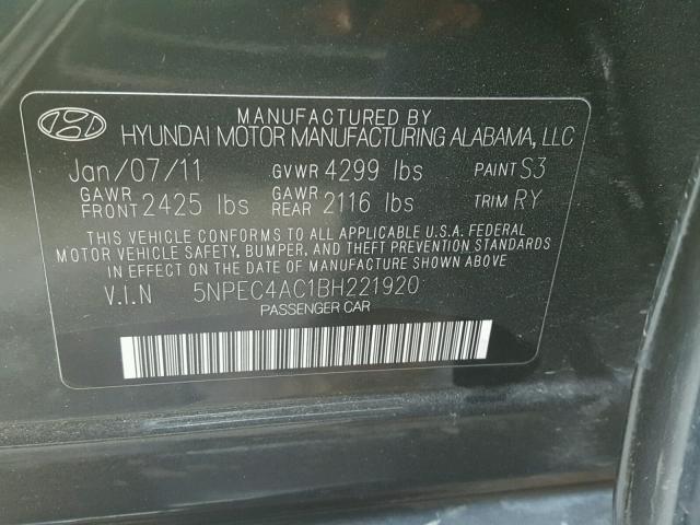 5NPEC4AC1BH221920 - 2011 HYUNDAI SONATA BLACK photo 10