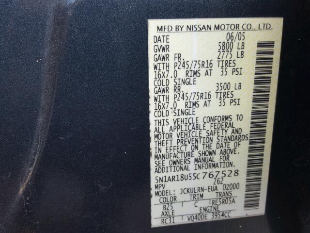5N1AR18U55C767528 - 2005 NISSAN PATHFINDER CHARCOAL photo 10