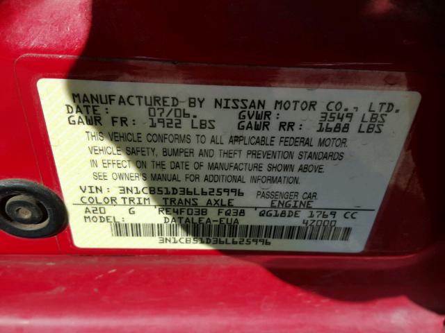 3N1CB51D36L625996 - 2006 NISSAN SENTRA RED photo 10