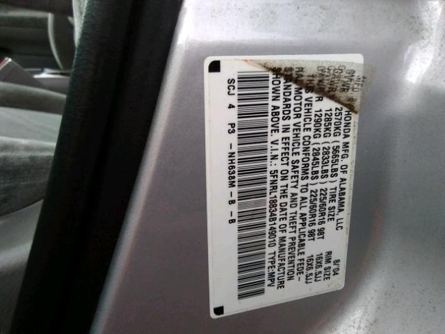 5FNRL18834B149010 - 2004 HONDA ODYSSEY EX SILVER photo 10