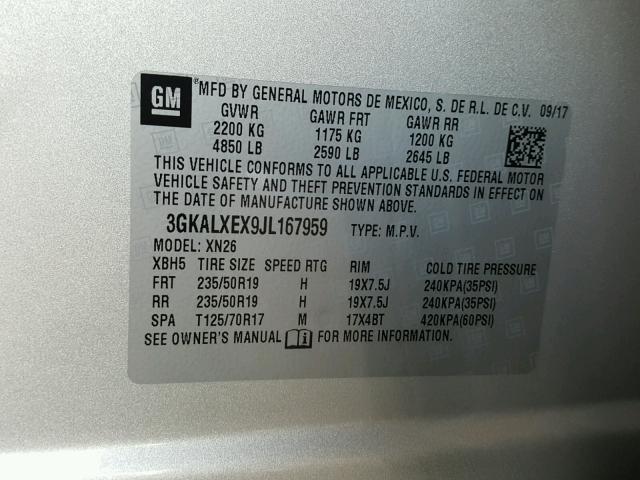 3GKALXEX9JL167959 - 2018 GMC TERRAIN DE SILVER photo 10