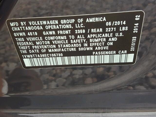 1VWBT7A36EC105730 - 2014 VOLKSWAGEN PASSAT SE GRAY photo 10