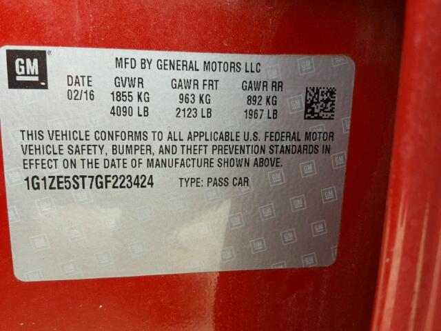1G1ZE5ST7GF223424 - 2016 CHEVROLET MALIBU LT Қызыл фото 10