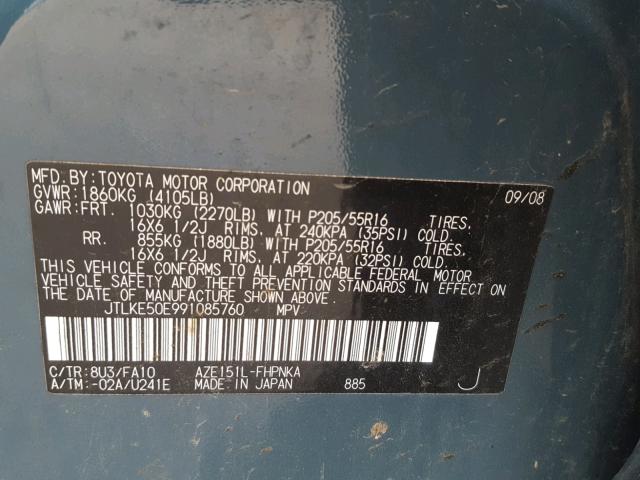 JTLKE50E991085760 - 2009 TOYOTA SCION XB Türkis Foto 10