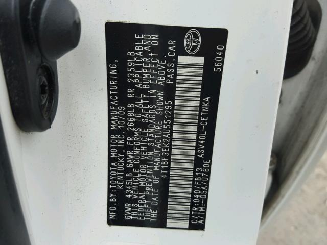 4T1BF3EK2AU551295 - 2010 TOYOTA CAMRY BASE WHITE photo 10