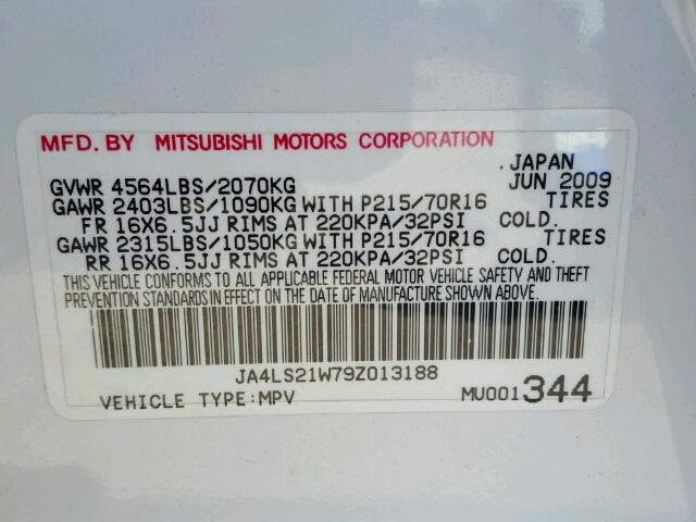 JA4LS21W79Z013188 - 2009 MITSUBISHI OUTLANDER WHITE photo 10