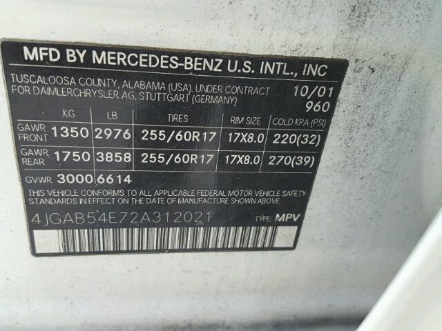 4JGAB54E72A312021 - 2002 MERCEDES-BENZ ML WHITE photo 10