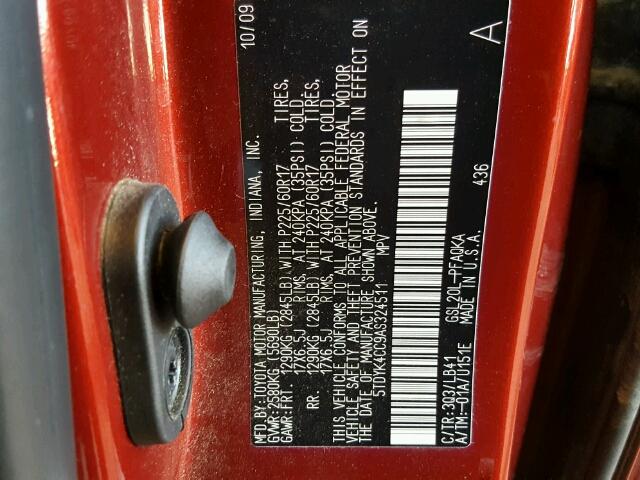 5TDYK4CC9AS324511 - 2010 TOYOTA SIENNA XLE RED photo 10