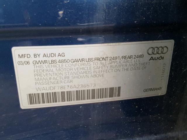 WAUDF78E76A236573 - 2006 AUDI A4 2.0T QU BLUE photo 10