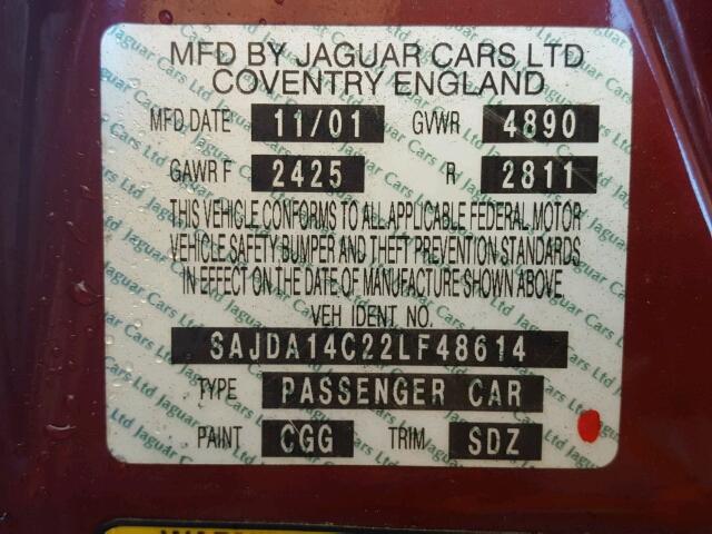 SAJDA14C22LF48614 - 2002 JAGUAR XJ8 BURGUNDY photo 10