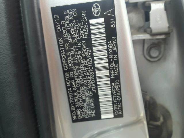 JTDKDTB37C1507921 - 2012 TOYOTA PRIUS C SILVER photo 10