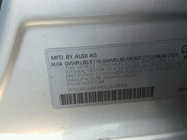 WAUPL68E94A263898 - 2004 AUDI S4 SILVER photo 10