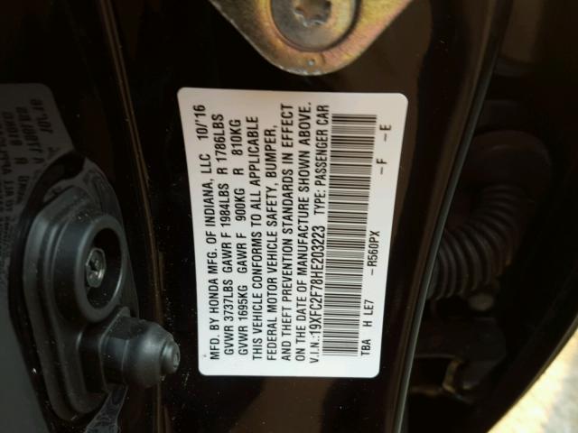 19XFC2F78HE203223 - 2017 HONDA CIVIC EX შავი ფოტო 10