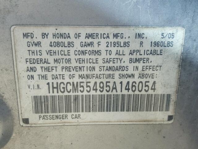 3HGCM56475G711787 - 2005 HONDA ACCORD LX SILVER photo 10