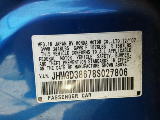 JHMGD38678S027806 - 2008 HONDA FIT SPORT BLUE photo 10