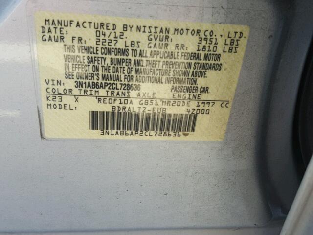 3N1AB6AP2CL728636 - 2012 NISSAN SENTRA 2.0 SILVER photo 10