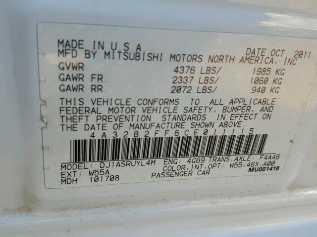 4A32B2FF6CE011115 - 2012 MITSUBISHI GALANT FE WHITE photo 10