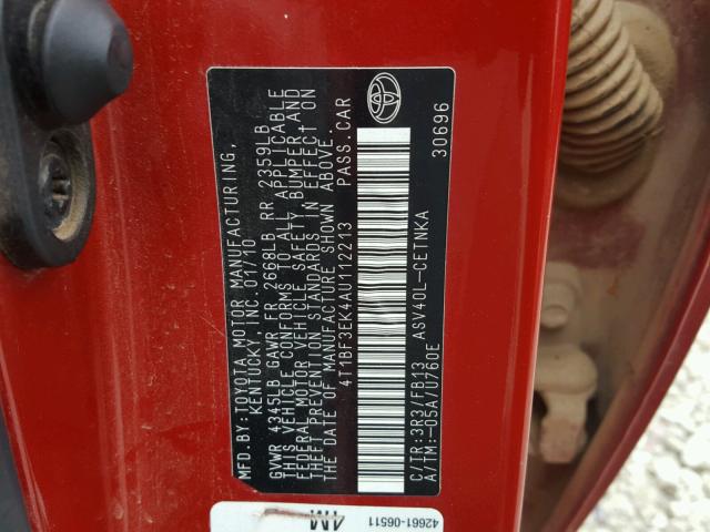 4T1BF3EK4AU112213 - 2010 TOYOTA CAMRY BASE წითელი ფოტო 10