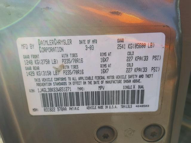 1J4GL38K63W651271 - 2003 JEEP LIBERTY RE TAN photo 10