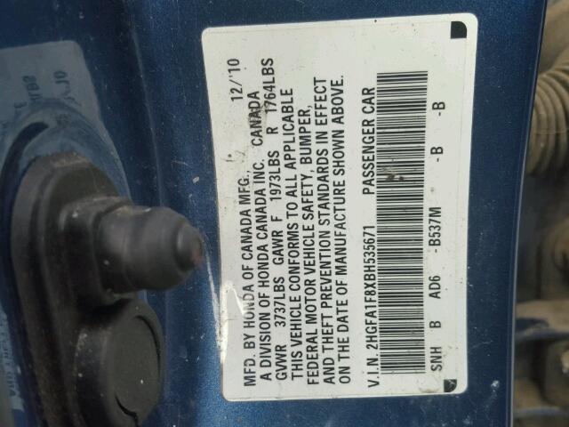 2HGFA1F8XBH535671 - 2011 HONDA CIVIC EX 蓝色 照片 10