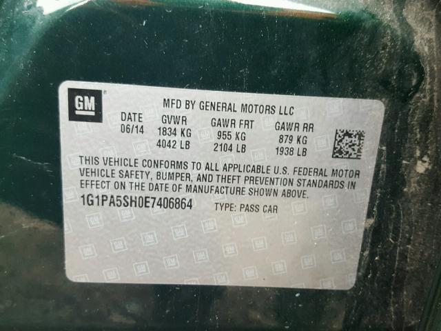 1G1PA5SH0E7406864 - 2014 CHEVROLET CRUZE GREEN photo 10