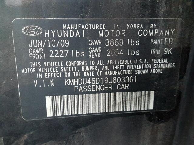 KMHDU46D19U803361 - 2009 HYUNDAI ELANTRA BLACK photo 10