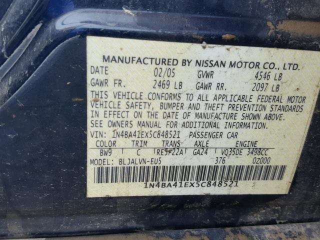 1N4BA41EX5C848521 - 2005 NISSAN MAXIMA SE BLUE photo 10