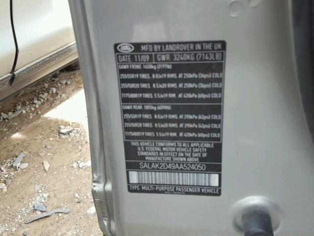 SALAK2D49AA524050 - 2010 LAND ROVER LR4 ვერცხლისფერი ფოტო 10