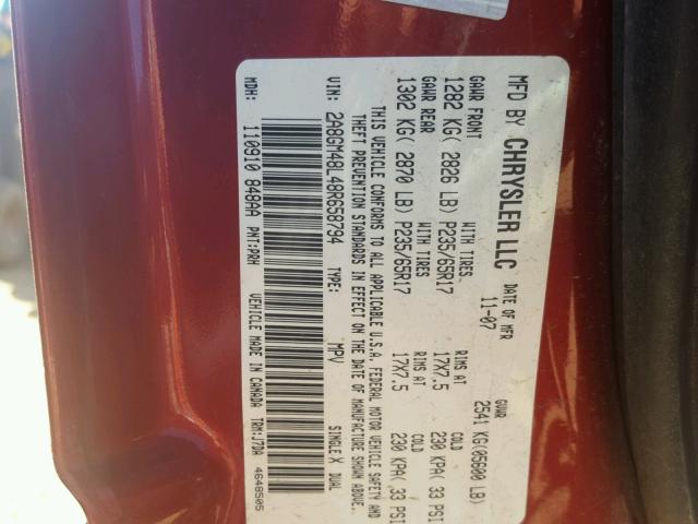 2A8GM48L48R658794 - 2008 CHRYSLER PACIFICA L RED photo 10