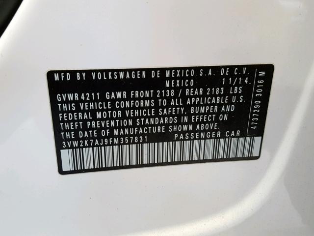 3VW2K7AJ9FM357831 - 2015 VOLKSWAGEN JETTA BASE 白色 照片 10