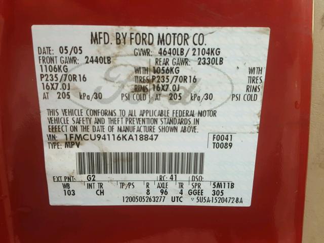 1FMCU94116KA18847 - 2006 FORD ESCAPE LIM RED photo 10