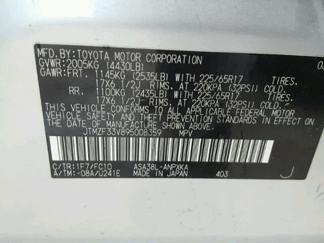 JTMZF33V895008359 - 2009 TOYOTA RAV4 SILVER photo 10