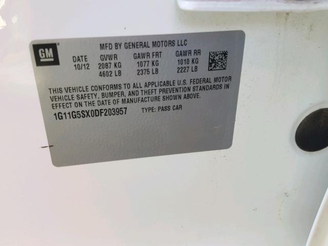 1G11G5SX0DF203957 - 2013 CHEVROLET MALIBU 3LT თეთრი ფოტო 10