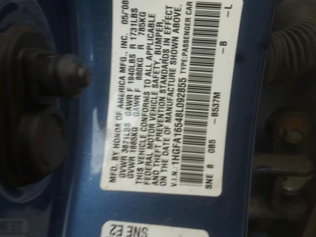 1HGFA16548L092855 - 2008 HONDA CIVIC LX BLUE photo 10