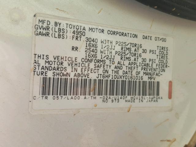 JT6HF10UXY0161016 - 2000 LEXUS RX 300 WHITE photo 10