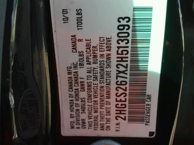 2HGES267X2H513093 - 2002 HONDA CIVIC EX შავი ფოტო 10