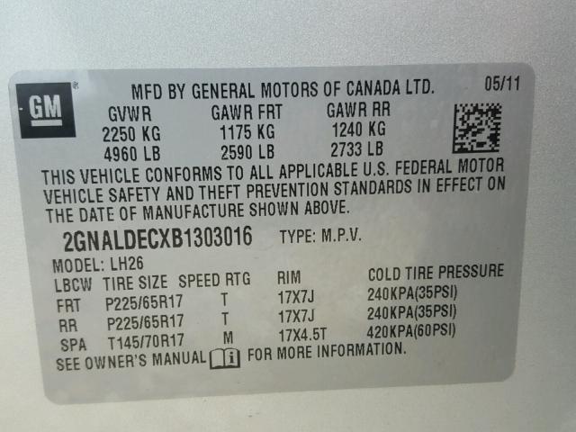 2GNALDECXB1303016 - 2011 CHEVROLET EQUINOX LT SILVER photo 10