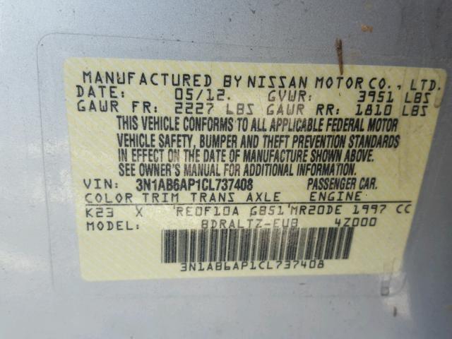 3N1AB6AP1CL737408 - 2012 NISSAN SENTRA SILVER photo 10