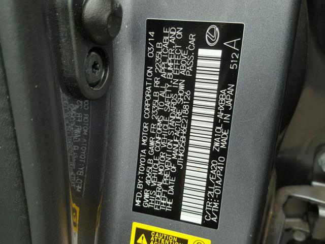 JTHKD5BH6E2188126 - 2014 LEXUS CT 200 CHARCOAL photo 10