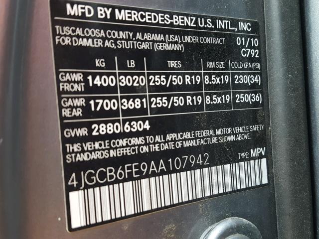 4JGCB6FE9AA107942 - 2010 MERCEDES-BENZ R 350 4MAT GRAY photo 10