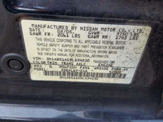 3N1AB51A05L534230 - 2005 NISSAN SENTRA SE- BLACK photo 10