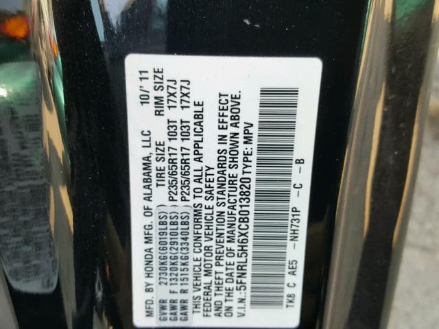 5FNRL5H6XCB013820 - 2012 HONDA ODYSSEY EX BLACK photo 10