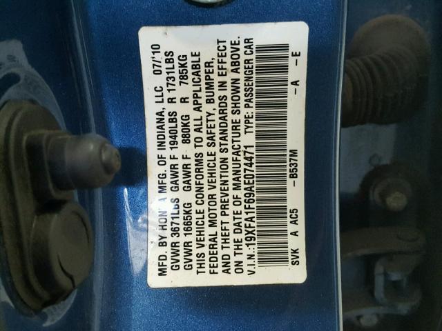 19XFA1F69AE074471 - 2010 HONDA CIVIC أزرق صورة 10