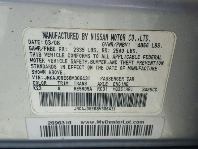 JNKAJ09E68M306431 - 2008 INFINITI EX35 BASE SILVER photo 10