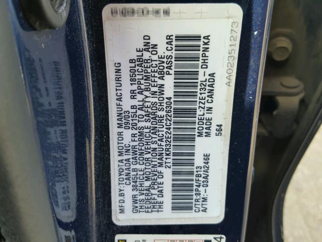 2T1KR32E24C226304 - 2004 TOYOTA COROLLA MA BLUE photo 10