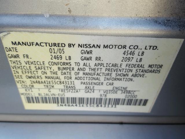 1N4BA41E55C843131 - 2005 NISSAN MAXIMA SE SILVER photo 10