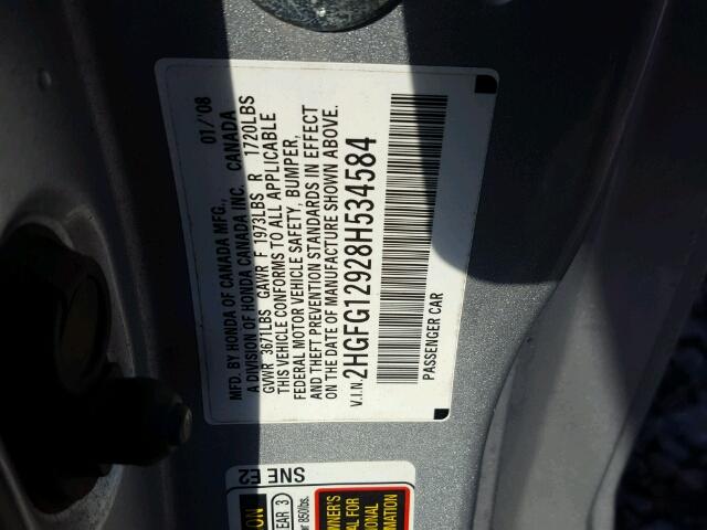 2HGFG12928H534584 - 2008 HONDA CIVIC EXL Gümüş foto 10